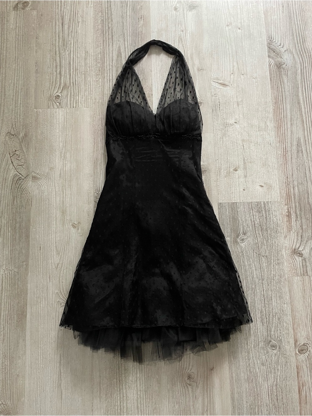 Betsy & Adam Black Halter Dress with Sheer Dotted Overlay-Little Black Dress